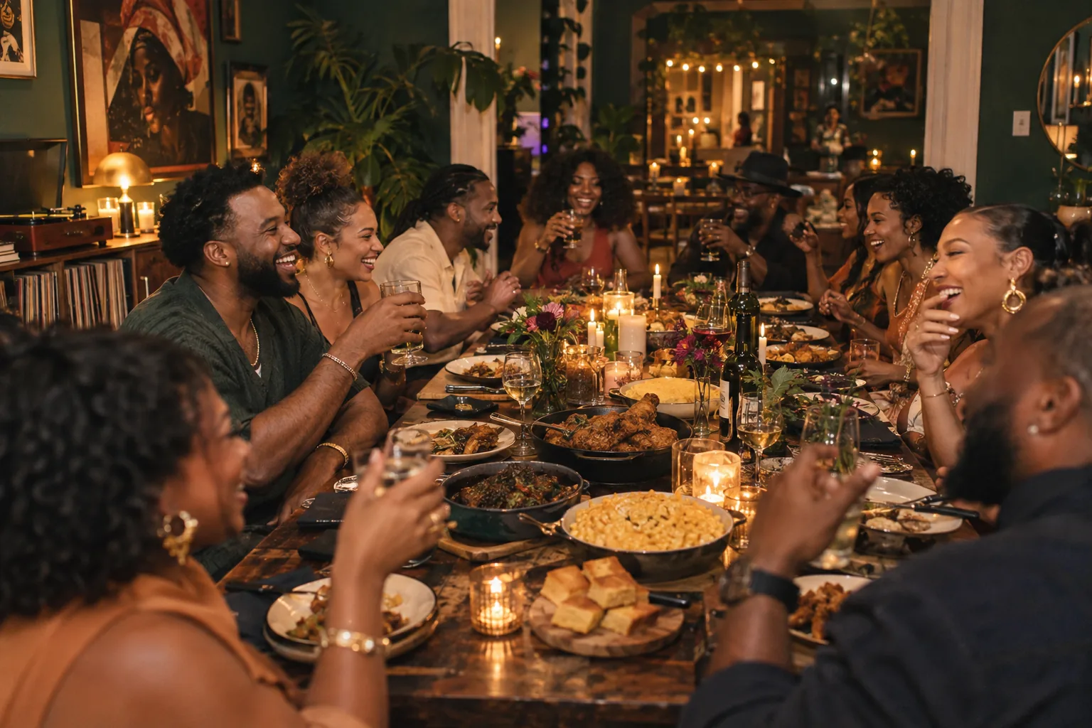 Guests laughing and toasting down a long candlelit Supper Club table