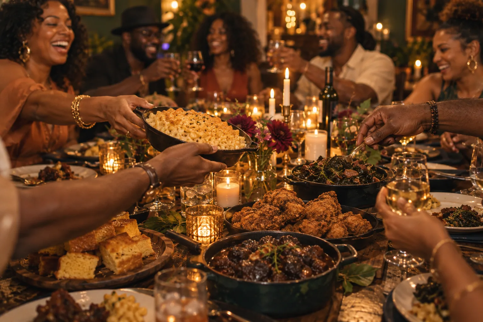 Mac and cheese, collard greens, fried chicken and cornbread being passed down the Supper Club table