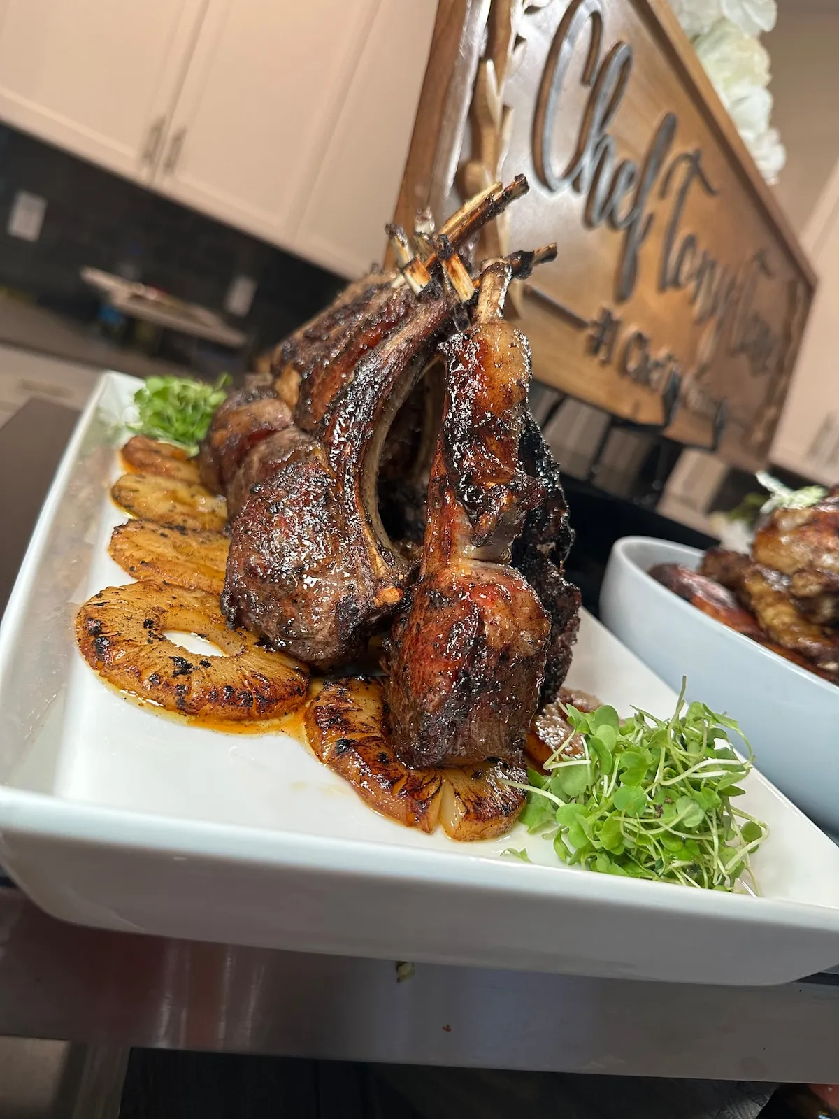 Grilled chops on charred pineapple