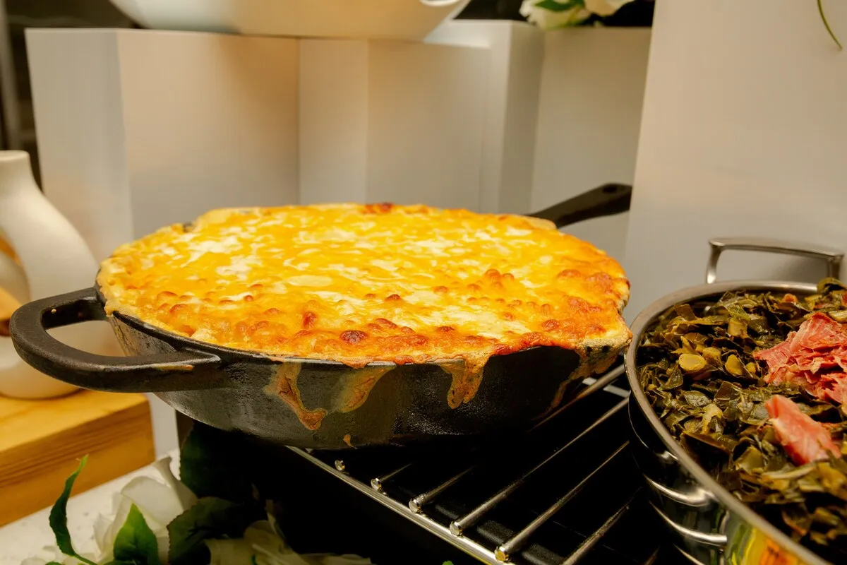 Baked mac and cheese in a skillet