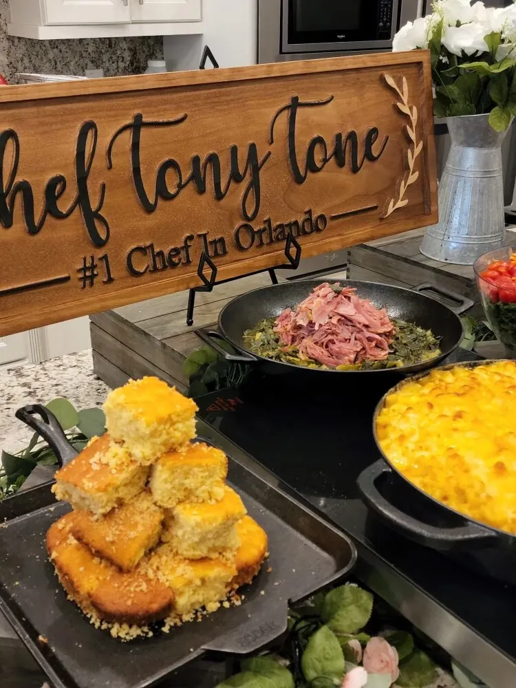 Tony's sign, #1 Chef in Orlando, over cornbread and the buffet